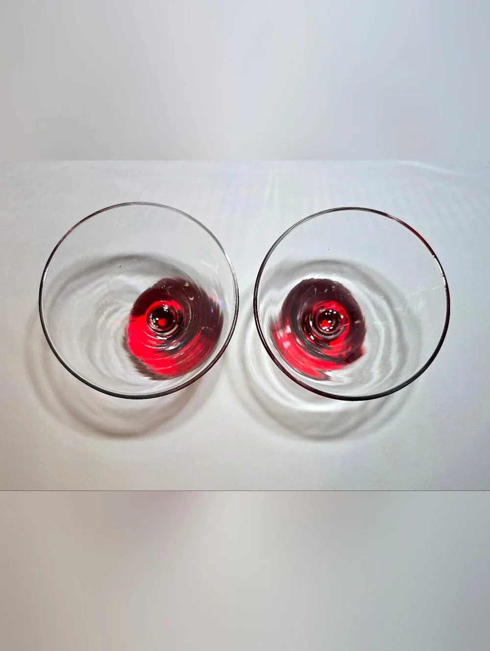 MCM Red Controlled Bubble Base Martini Glass Set of 2 Vintage Art Deco Drinkware